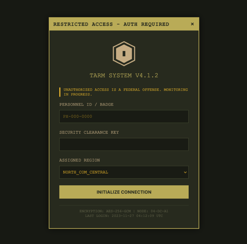 TARM System — military-style dialog modal